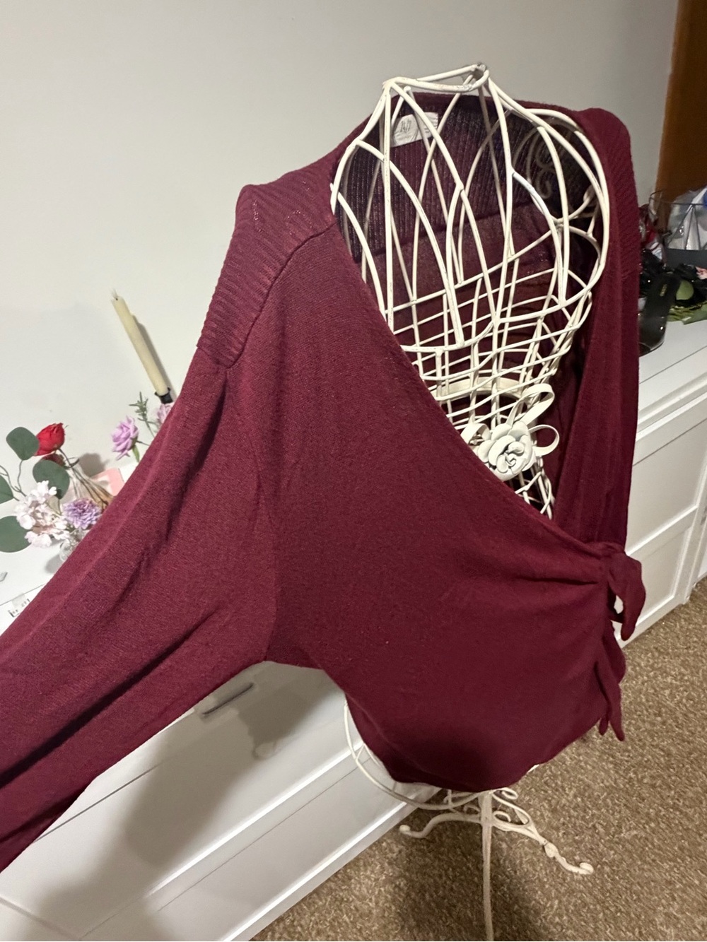 Women’s Wrap Tie Cardigan Sweater in Burgundy - Picture 4 of 7